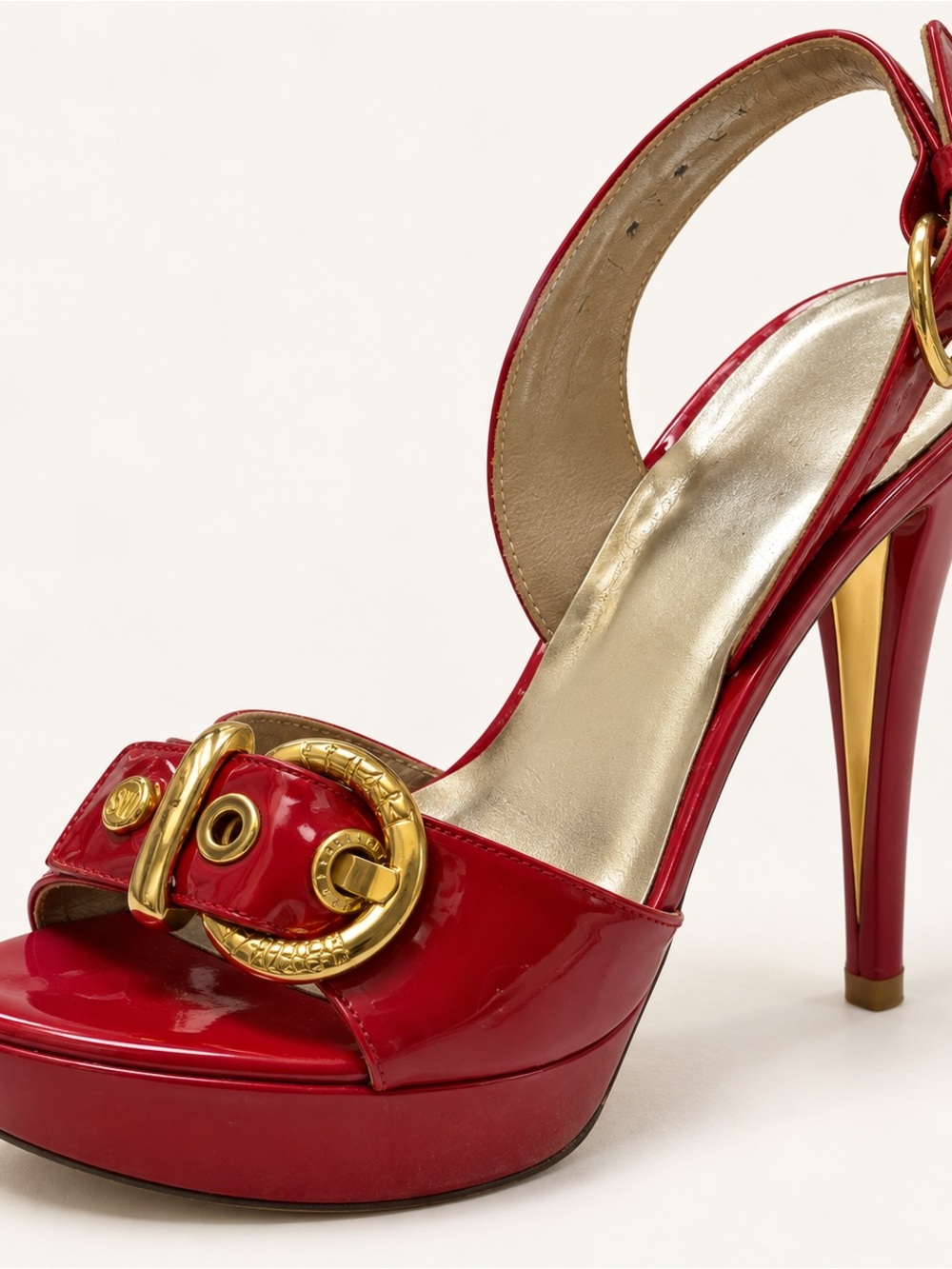 Stuart Weitzman Red Patent High Heel Sandals with Gold Buckle